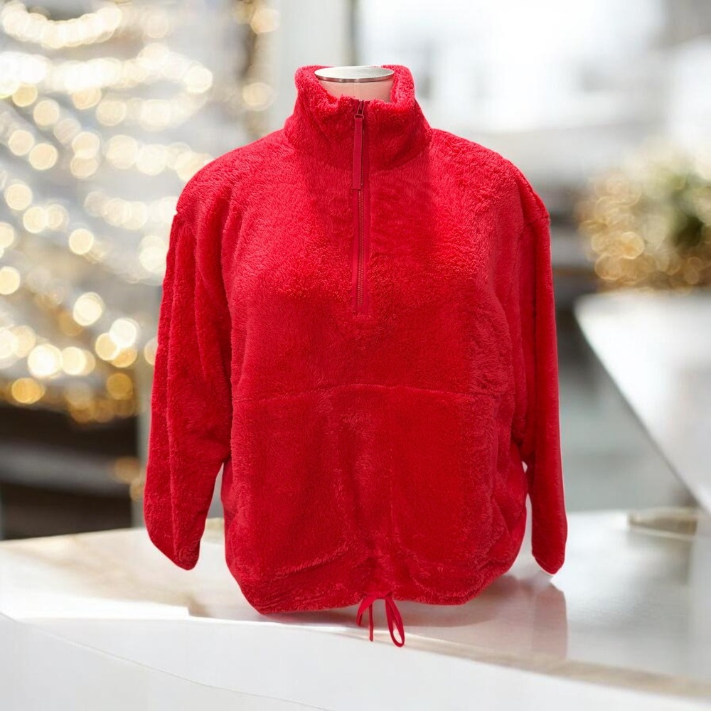 Red Sherpa Fleece Pullover Cozy Winter Athleisure Lounge Soft Girl Oversized Fit
